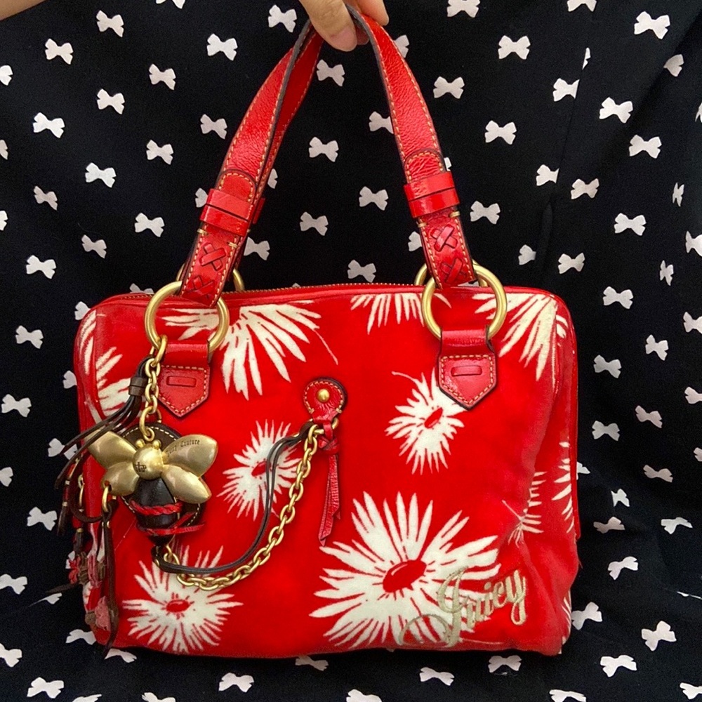 Juicy Couture - Red & White Velour Bag with Poinsettia Print & Bumble Bee Charm